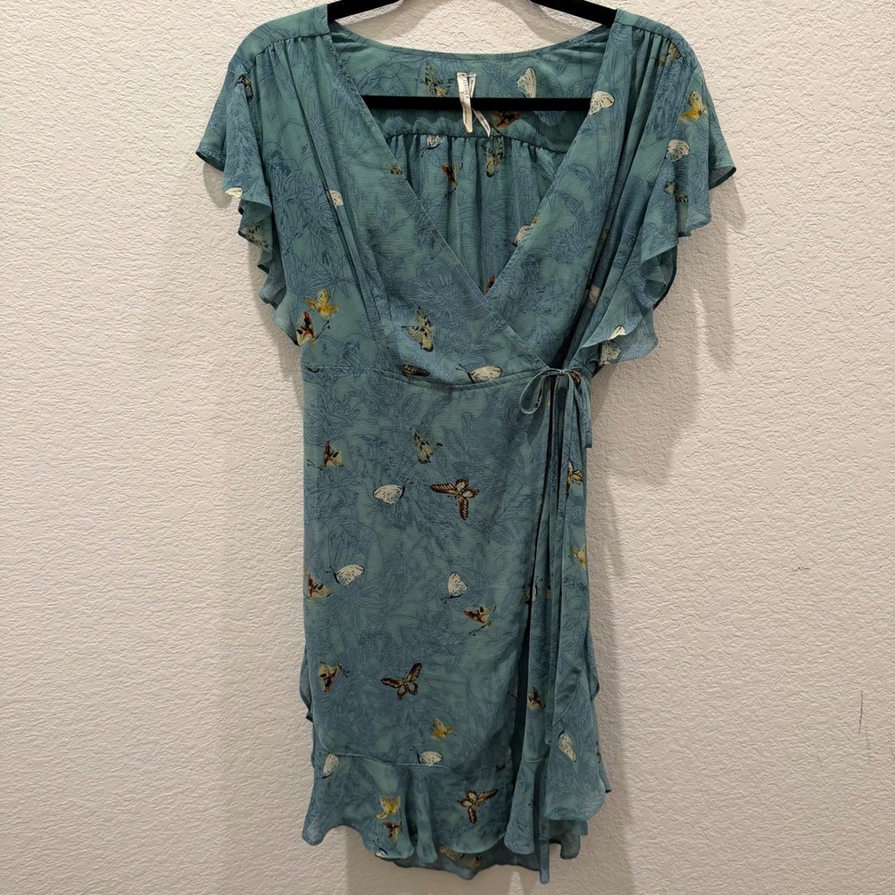 Feather Bone Anthropologie Butterfly Wrap Dress Teal Blue Flutter Sleeve XS